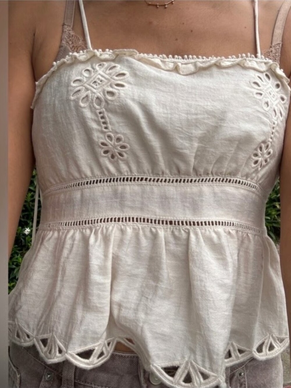 Zara NWT Embroidered Eyelet Peplum Cami Crop Top Ecru Cream Size M
